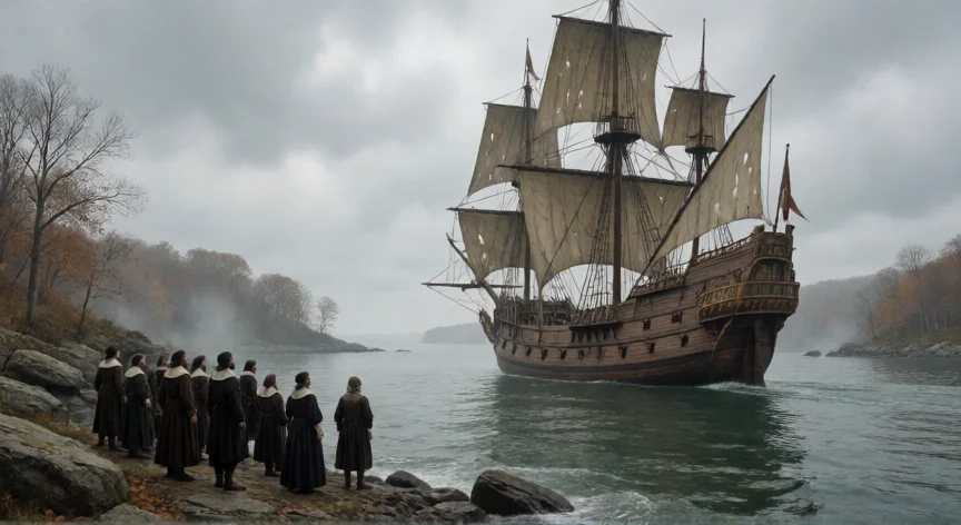 que hicieron los ingleses cuando llegaron a america, El Mayflower llegando al puerto de Plymouth en 1620 con los peregrinos en la orilla
