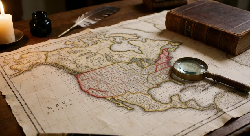 que hicieron los ingleses en america, Mapa histórico de las trece colonias británicas en América del Norte sobre un escritorio antiguo