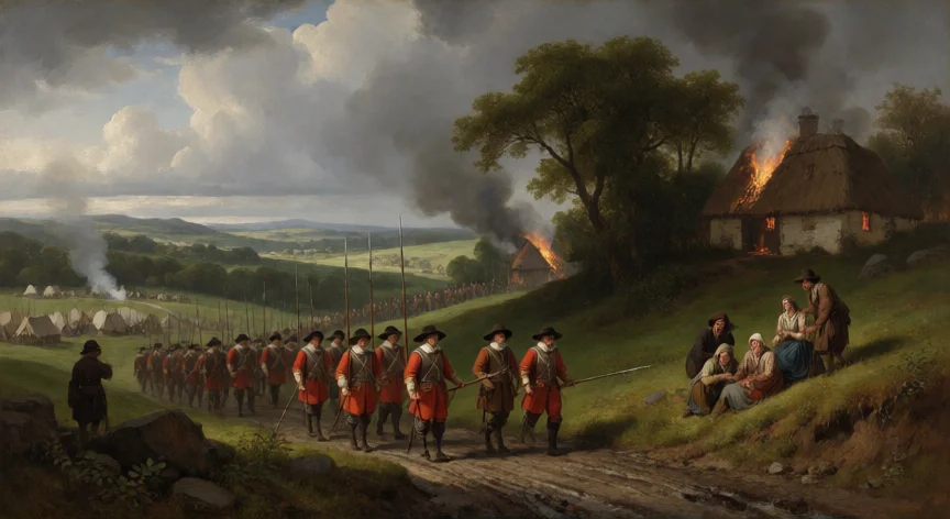 que hicieron los ingleses en irlanda, Soldados ingleses avanzando por el campo irlandés durante la campaña de Cromwell en el siglo XVII