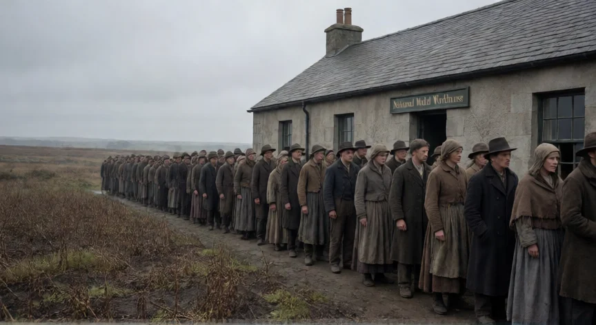 que hicieron los ingleses en irlanda, Colas de hambre frente a un trabajo house irlandés durante la Gran Hambruna de 1845 a 1852