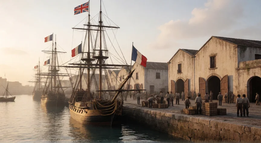 que hicieron los ingleses en mexico, Puerto de Veracruz en el siglo XIX con barcos británicos y almacenes coloniales