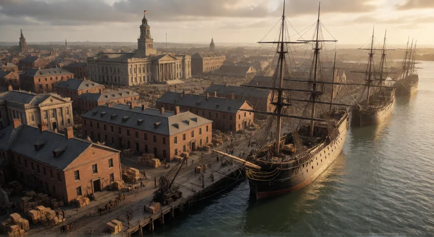 Puerto colonial británico del siglo XIX con barcos de carga y almacenes de té y algodón