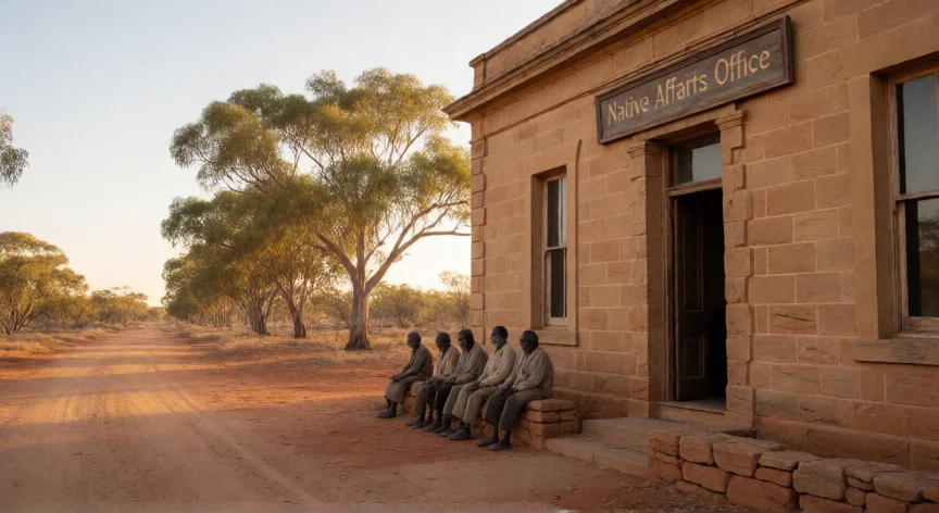 qué hicieron los ingleses para despojar de sus tierras a los indígenas, Oficina colonial de asuntos nativos en Australia, con ancianos aborígenes frente al edificio