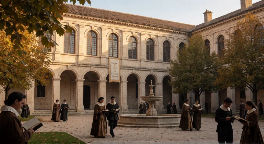 que hicieron los jesuitas, Fachada de un colegio jesuita histórico con estudiantes en el patio interior al atardecer