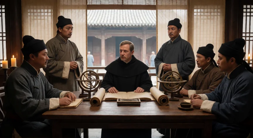 que hicieron los jesuitas, Misionero jesuita compartiendo conocimientos científicos con eruditos chinos en el siglo XVII
