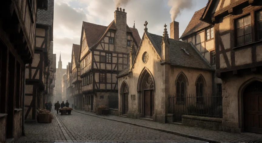 que hicieron los judios en alemania, Barrio judío medieval en Colonia, Alemania, con sinagoga gótica y calles de empedrado bajo luz dorada