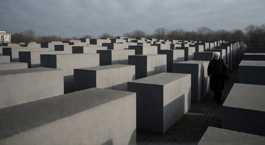 que hicieron los judios en alemania, Memorial a los Judíos Asesinados de Europa en Berlín, estelas de hormigón bajo cielo nublado con una figura caminando entre ellas