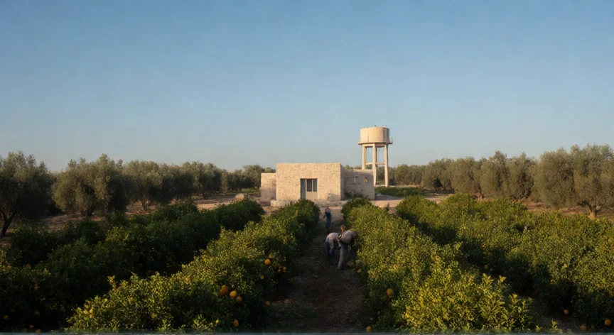 que hicieron los judios en palestina, Kibutz agrícola en el Negev con huertos cítricos y olivares al amanecer