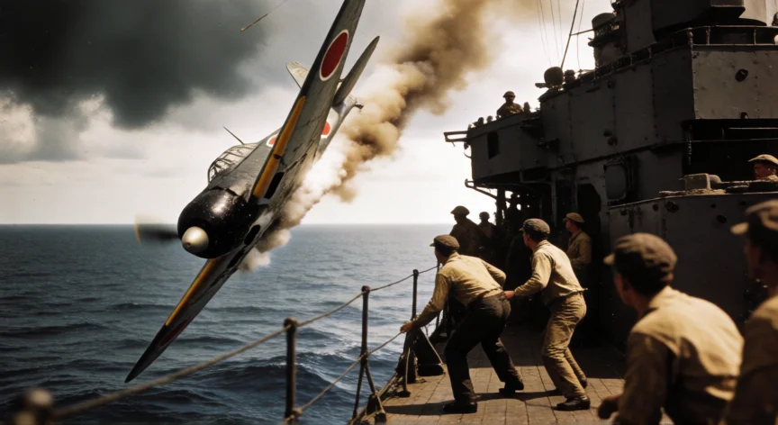 que hicieron los kamikazes, Avion kamikaze Zero lanzandose contra un destructor de la marina estadounidense en el Pacifico