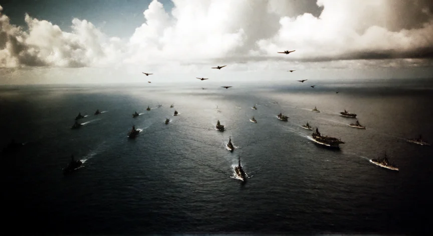 que hicieron los kamikazes, Flota aliada en formacion defensiva en el Pacifico durante los ataques kamikaze de 1945