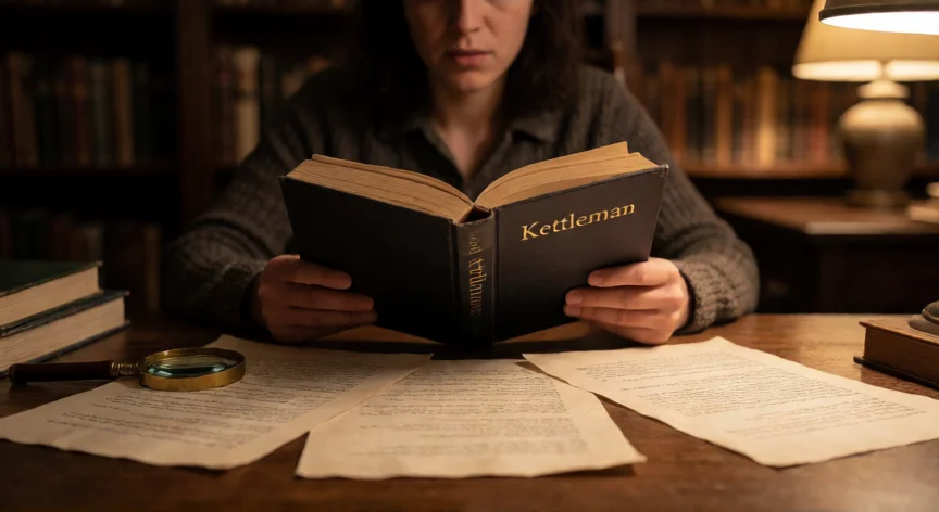 Persona confundida en una biblioteca buscando información sobre los Kettleman