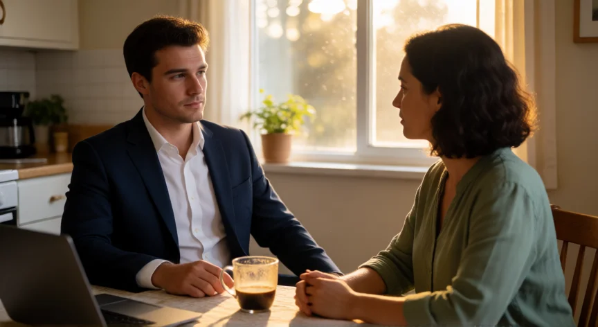 que hicieron los kettleman en better call saul, Joven abogado y su pareja en conversación seria en una cocina con luz de tarde