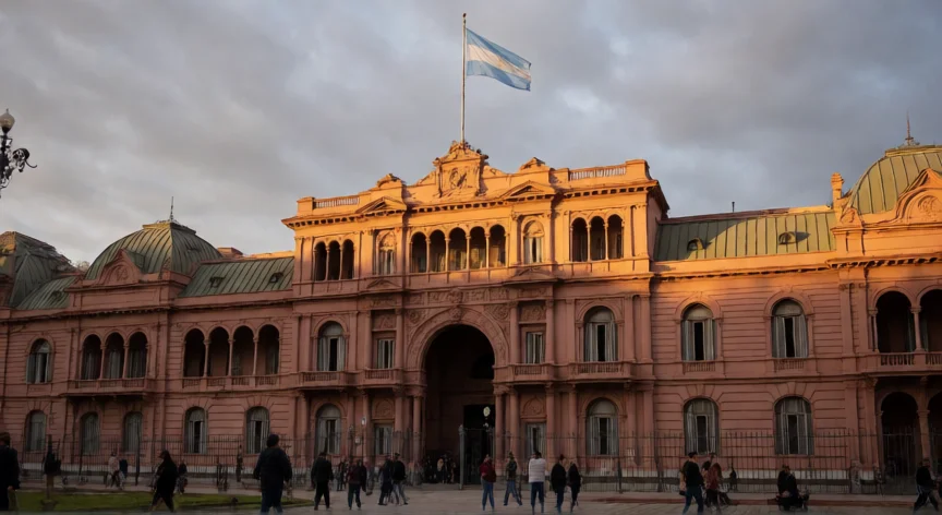 Fachada de la Casa Rosada en Buenos Aires al atardecer con banderas argentinas