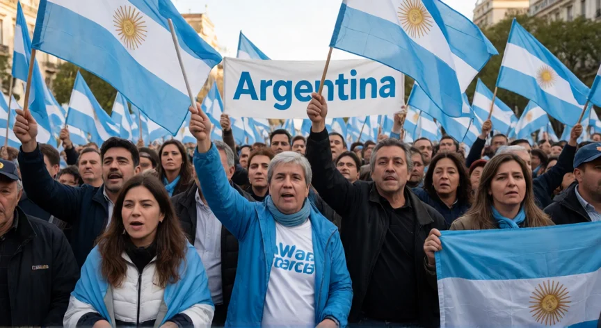 que hicieron los kirchner en argentina, Multitud en una marcha política argentina con banderas peronistas