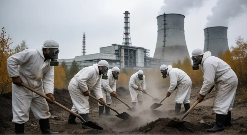 que hicieron los liquidadores de chernobyl, Liquidadores de Chernóbil trabajando en la descontaminación del suelo cerca de las torres de refrigeración