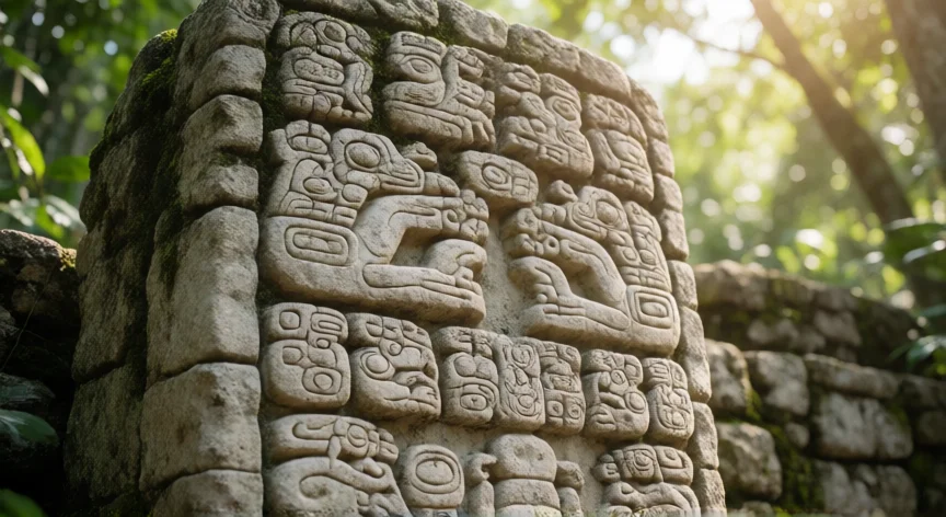 que hicieron los mayas, Estela maya tallada con glifos jeroglíficos en un sitio arqueológico de selva