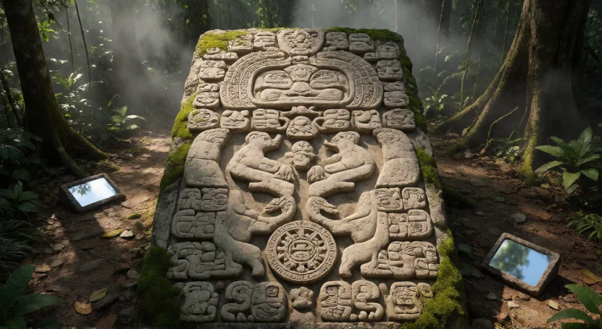 qué hicieron los mayas para comprender el universo, Estela maya con glifos astronómicos en un claro de selva