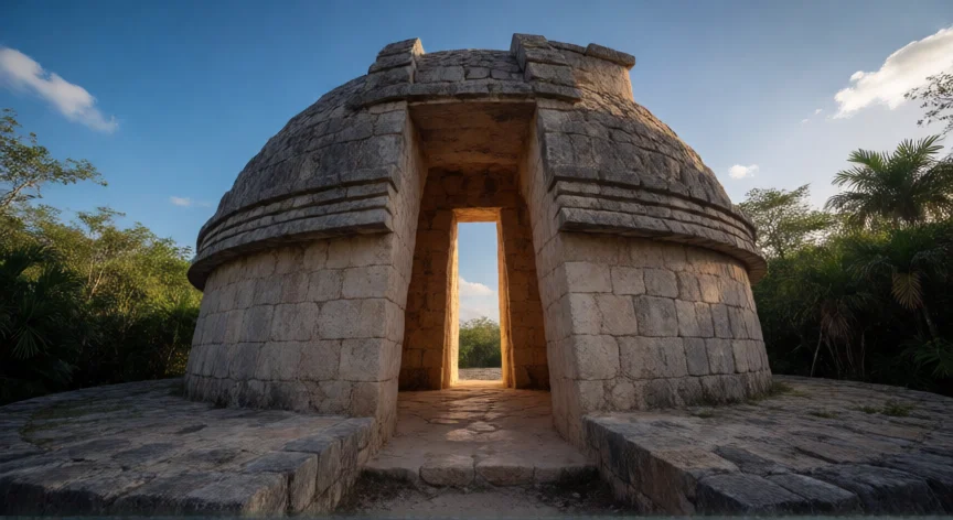 Caracol observatorio astronómico maya en Chichén Itzá con luz dorada atravesando su abertura circular