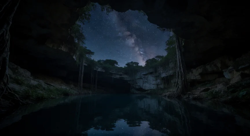 que hicieron los mayas para conocer los cuerpos celestes, Vista desde el fondo de un cenote maya hacia el cielo estrellado nocturno reflejado en el agua