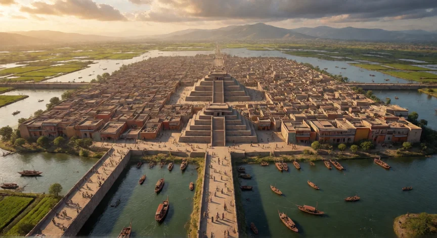 que hicieron los mexicas, Vista aérea de Tenochtitlan, la gran ciudad mexica sobre el lago de Texcoco con sus calzadas y canales.