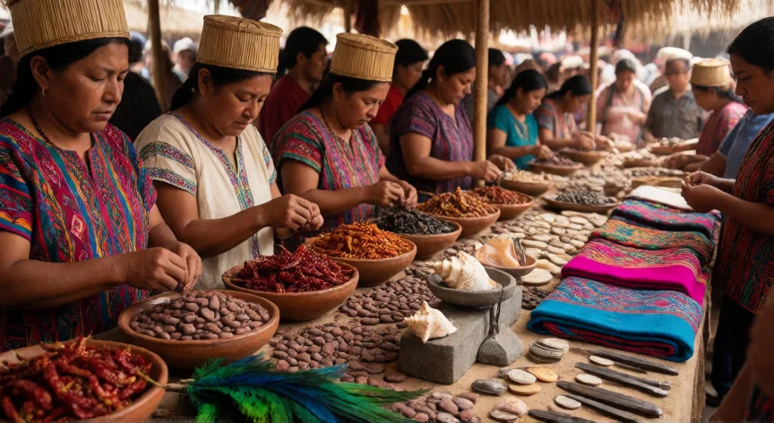 que hicieron los mexicas, Mercado mexica en Tlatelolco con comerciantes vendiendo cacao, chiles, plumas de quetzal y textiles.