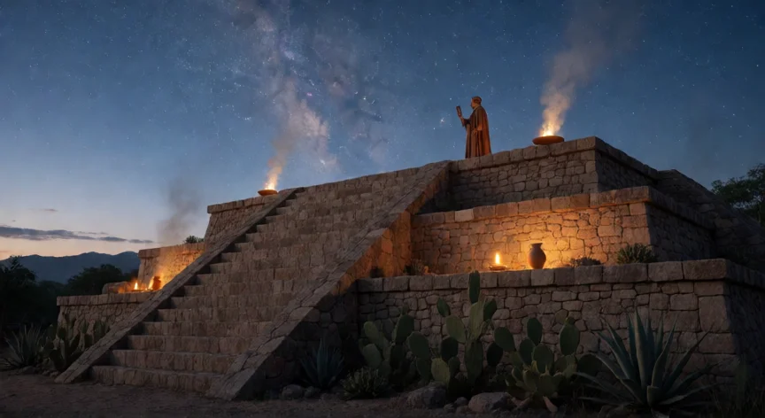 que hicieron los mexicas para conocer los cuerpos celestes, Sacerdote mexica observando Venus y la Vía Láctea desde la cima del Templo Mayor al crepúsculo