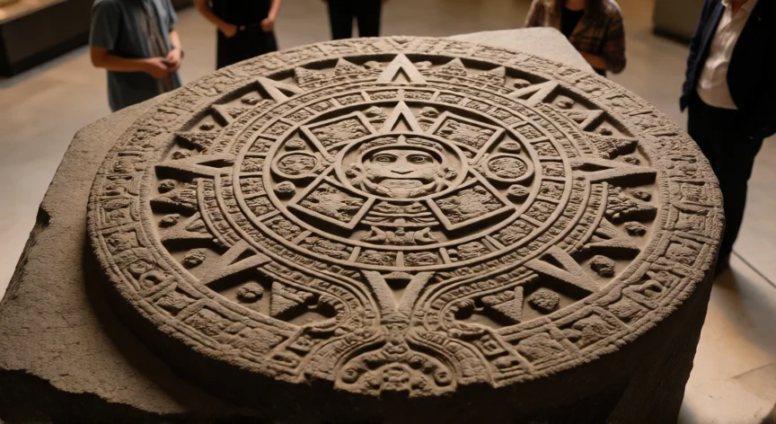 que hicieron los mexicas para conocer los cuerpos celestes, La Piedra del Sol (Piedra del Calendario) exhibida en museo con visitantes observando los grabados astronómicos