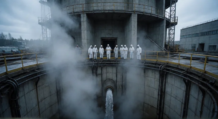 que hicieron los mineros en chernobyl, Plataforma de acceso al pozo vertical bajo el reactor con bombeo de agua activado