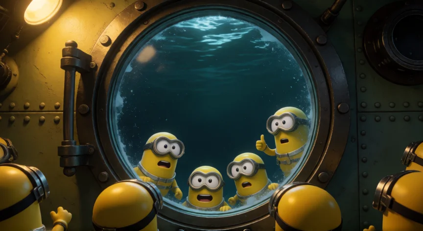 que hicieron los minions entre 1939 y 1945, Los Minions mirando por la escotilla del submarino tras abandonar a Hitler