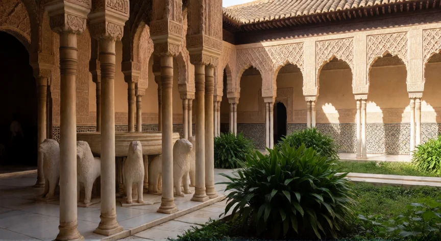 que hicieron los moros en españa, Patio de los Leones en la Alhambra de Granada con sus columnas y fuentes
