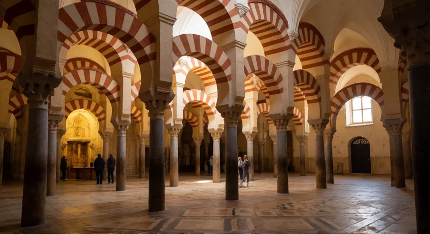 que hicieron los musulmanes en españa, Interior de la Mezquita-Catedral de Córdoba con sus arcos de herradura bicromos y columnas de mármol