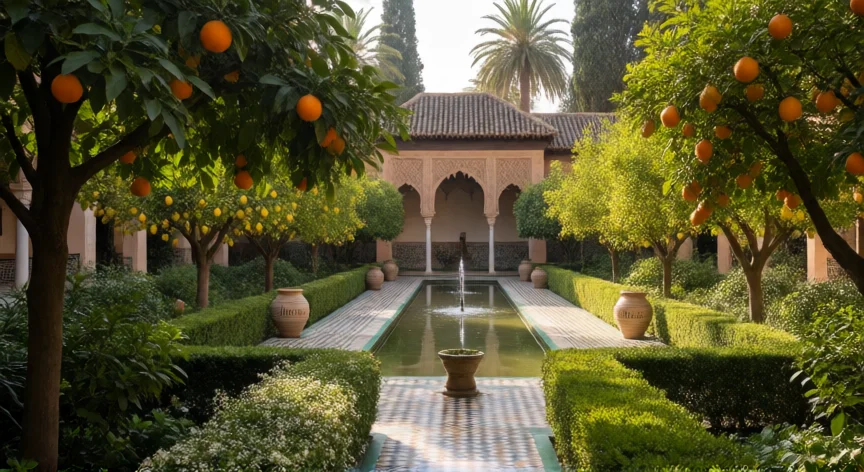 que hicieron los musulmanes en españa, Jardín andalusí con patio central, fuentes, cítricos y zarcillo, estilo Alhambra