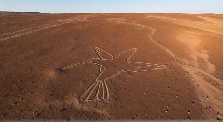 que hicieron los nazcas, Vista aérea del geoglifo del colibrí en las Líneas de Nazca, desierto de Ica, Perú
