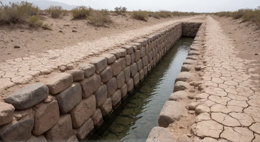 que hicieron los nazcas, Acueducto subterráneo de los nazcas con muros de piedra en seco en el desierto de Ica