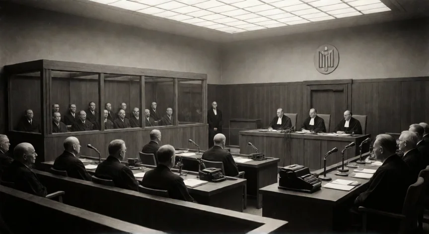 que hicieron los nazis, Sala del tribunal durante los Juicios de Núremberg en 1945, con los acusados nazis en el banquillo