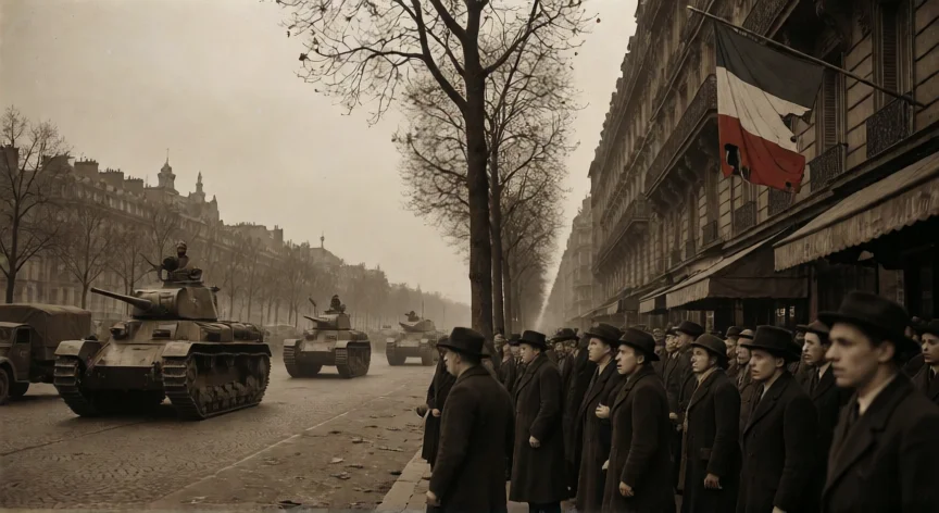 que hicieron los nazis en francia, Tanques alemanes avanzando por los Campos Elíseos de París en 1940 durante la ocupación nazi