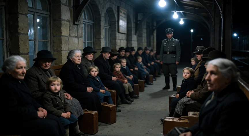 que hicieron los nazis en francia, Civililes franceses esperando en una estación ferroviaria nocturna durante las deportaciones de 1942