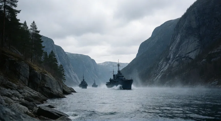 que hicieron los nazis en noruega, Buques de guerra en un fiordo noruego durante la invasión alemana de 1940