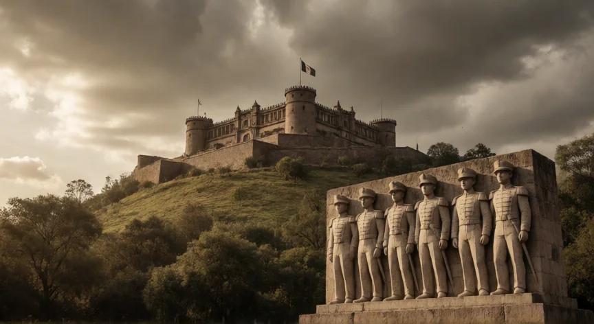 que hicieron los niños heroes por mexico, Castillo de Chapultepec y monumento a los Niños Héroes bajo cielo dramático