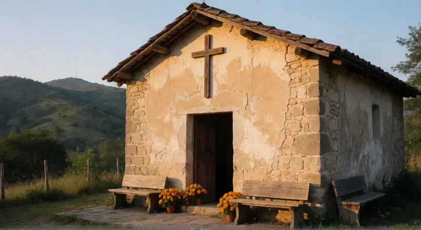 que hicieron los niños martires de tlaxcala, Capilla rural dedicada a los Niños Mártires de Tlaxcala con flores de cempasúchil al atardecer