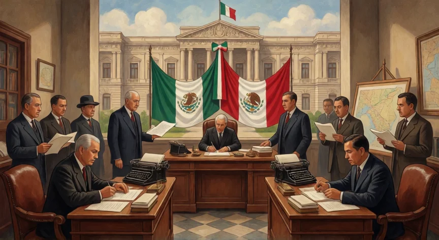 que hicieron los obregonistas, Sala de reuniones del Maximato con funcionarios revisando reformas constitucionales