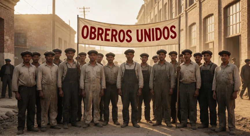 qué hicieron los obreros en la revolución mexicana, Grupo de obreros mexicanos frente a una fábrica textil con pancarta de unidad obrera, circa 1915