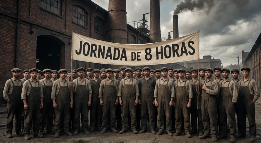 que hicieron los obreros para cambiar sus condiciones de trabajo, Grupo de obreros del siglo XIX con pancarta en huelga frente a una fábrica