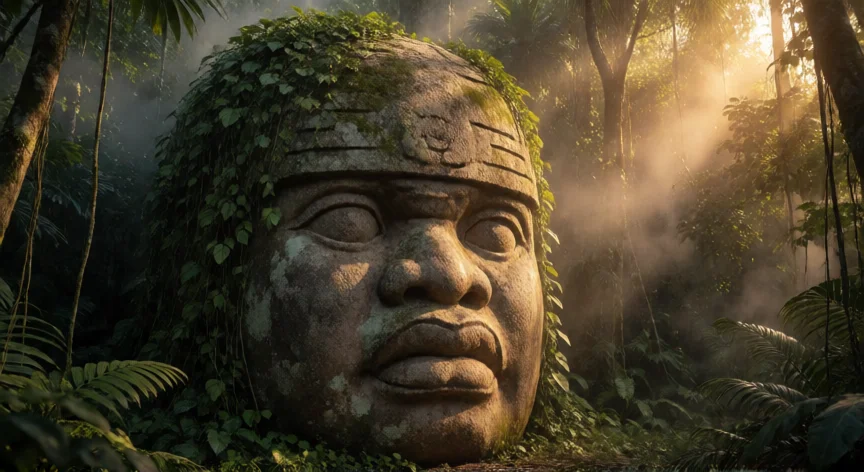 que hicieron los olmecas en el periodo preclasico, Cabeza colossal olmeca de basalto en la selva de Veracruz con vegetación tropical