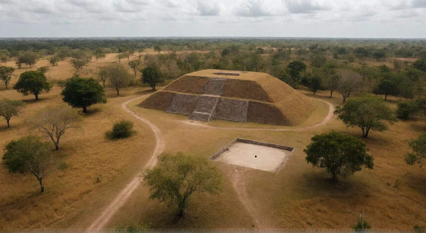 que hicieron los olmecas en el periodo preclasico, Vista aérea del sitio arqueológico de La Venta con la pirámide de tierra y cancha de pelota