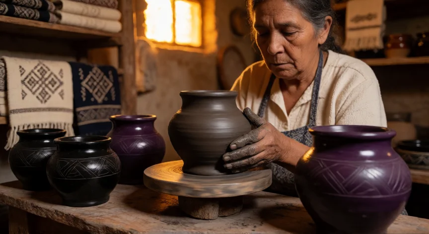 que hicieron los otomíes, Manos de una artesana otomí dando forma a cerámica negra tradicional en su taller