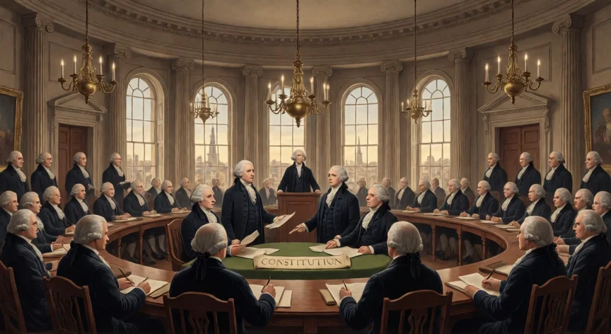 que hicieron los padres fundadores de estados unidos, Convención Constitucional de 1787 en Filadelfia con Washington presidiendo