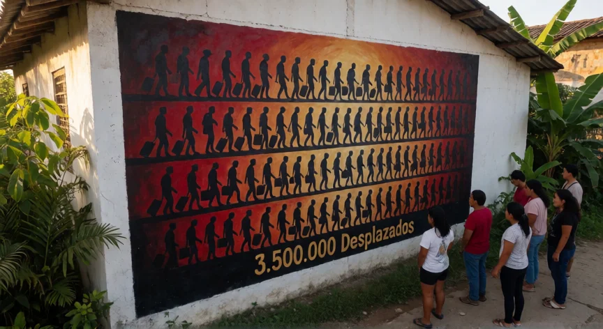 que hicieron los paramilitares en colombia, Mural comunitario en memoria de los desplazados forzados por la violencia paramilitar en Colombia