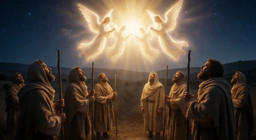 qué hicieron los pastores luego de escuchar al ángel, Pastores en el campo de Belén contemplando la aparición angelical en la noche del nacimiento