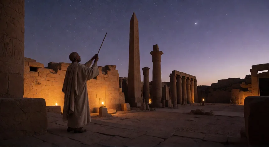 qué hicieron los pueblos antiguos para conocer las características de los cuerpos celestes egipto, Sacerdote-astrónomo egipcio observando la helíaca de Sirio desde un templo al atardecer